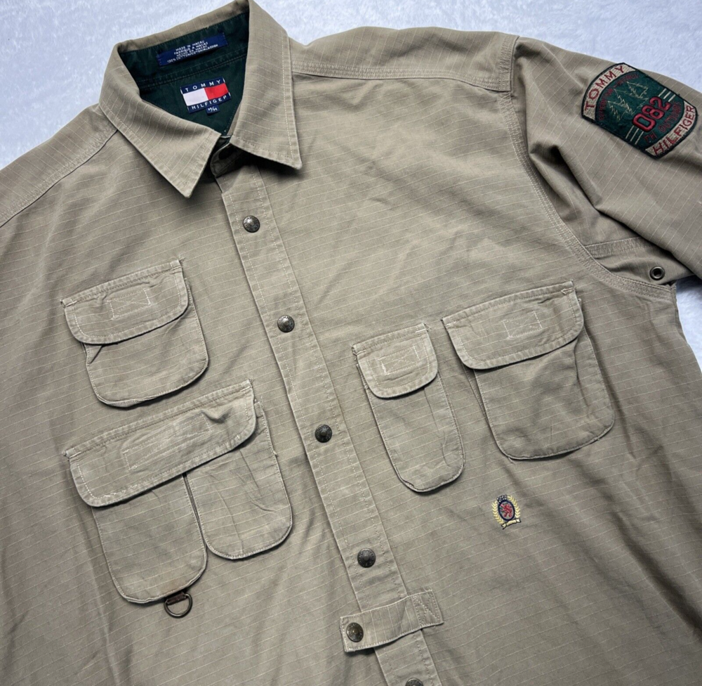 Tommy Hilfiger Ranger Snap Up Long Sleeve Flap Pockets Shirt Men M Tan Rare